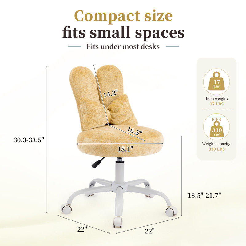 Adjustable Bow Velvet Bunny Ear Swivel Accent Chair Office Chair For Home Office Vanity, Yellow