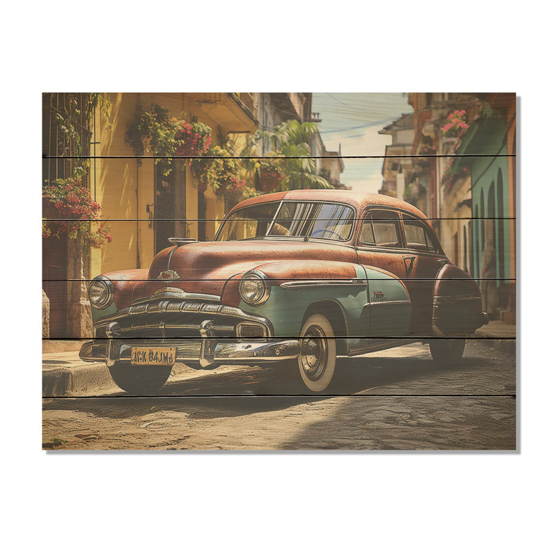 Vintage Cuban Car Heritage - Cuba Landscape Wood Wall Art On Natural Pine Wood, 30" H x 40" W