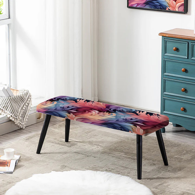 Ikat rose et bleu éthéré plumes - banc noir rembourré abstrait
