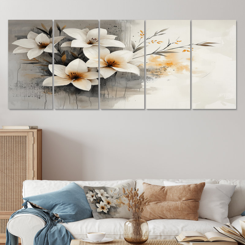 Jardin blanc doré de Lilie I - art mural doré - ensemble d'art mural traditionnel, H 32 po x l 80 po, 5