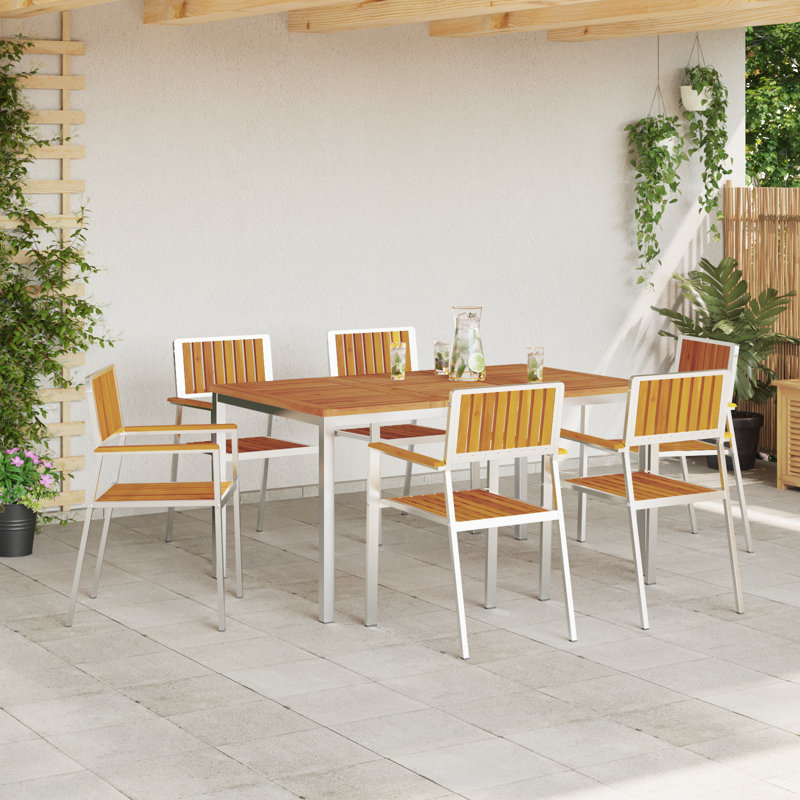 6 - Person Wood Patio Dining Set with Rectangular Table, 75cm H x 150cm W x 90cm D