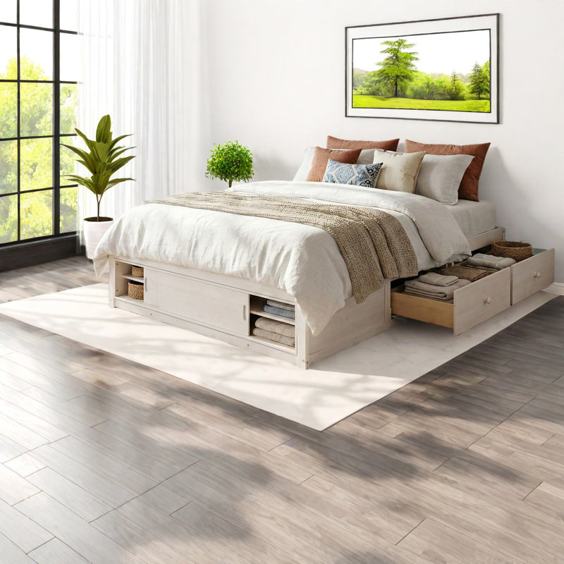 Lit plateforme avec rangement en bois massif blanc antique et peu encombrant