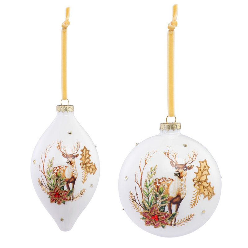 Ornements de Noël en verre représentant des cerfs blancs, ornés de poinsettias et de houx, lot de 6
