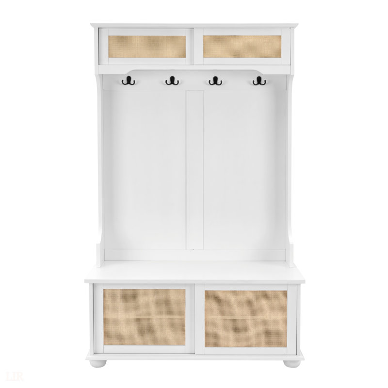 Hall Tree With Bench And Shoe Storage, Versatile Entryway Organizer With Rattan Door, White, 40.16W X 18.58D X 64.17H, White