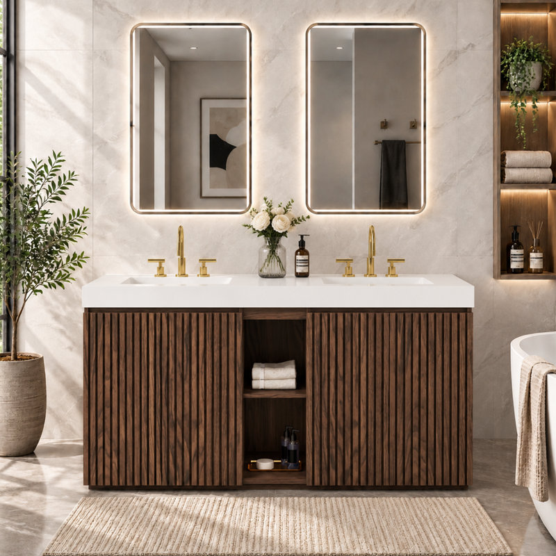 Meuble-lavabo autoportant en noyer Winston de 60 po avec lavabo à quartz intégré Lumene, 60", Blanc