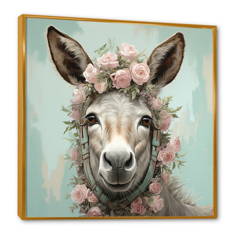 Adorable portrait floral d'âne - art mural d'âne, H 30 po x l 30 po x P 1,5 po, Cadre flottant doré