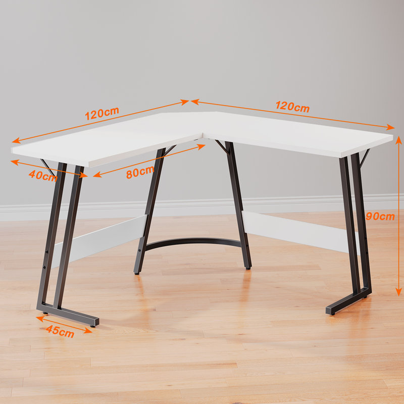 Vanesa 120cm L-Shape Computer Desk Metal Base Corner Gaming Desk Large PC Writing Table, 75 H x 120 W x 120 D, White