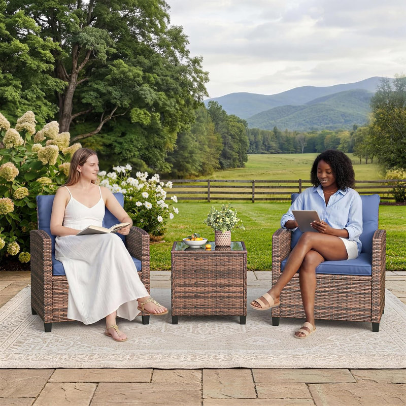 3-Piece Outdoor Patio Furniture Set, PE Rattan Wicker Frame with Tempered Glass Side Table, Conversation Chairs with Removable Cushions, Balcony Porch Garden Seating