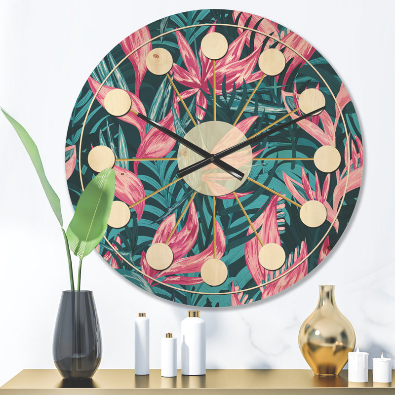 Fleurs tropicales - Horloge murale moderne en bois Mid-Century, Moyenne