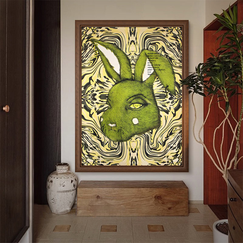 Art mural Mid-Century moderne encadré, reproduction abstraite de lapin vert sur toile, décor de lapin psychédélique pour le salon et la chambre à coucher