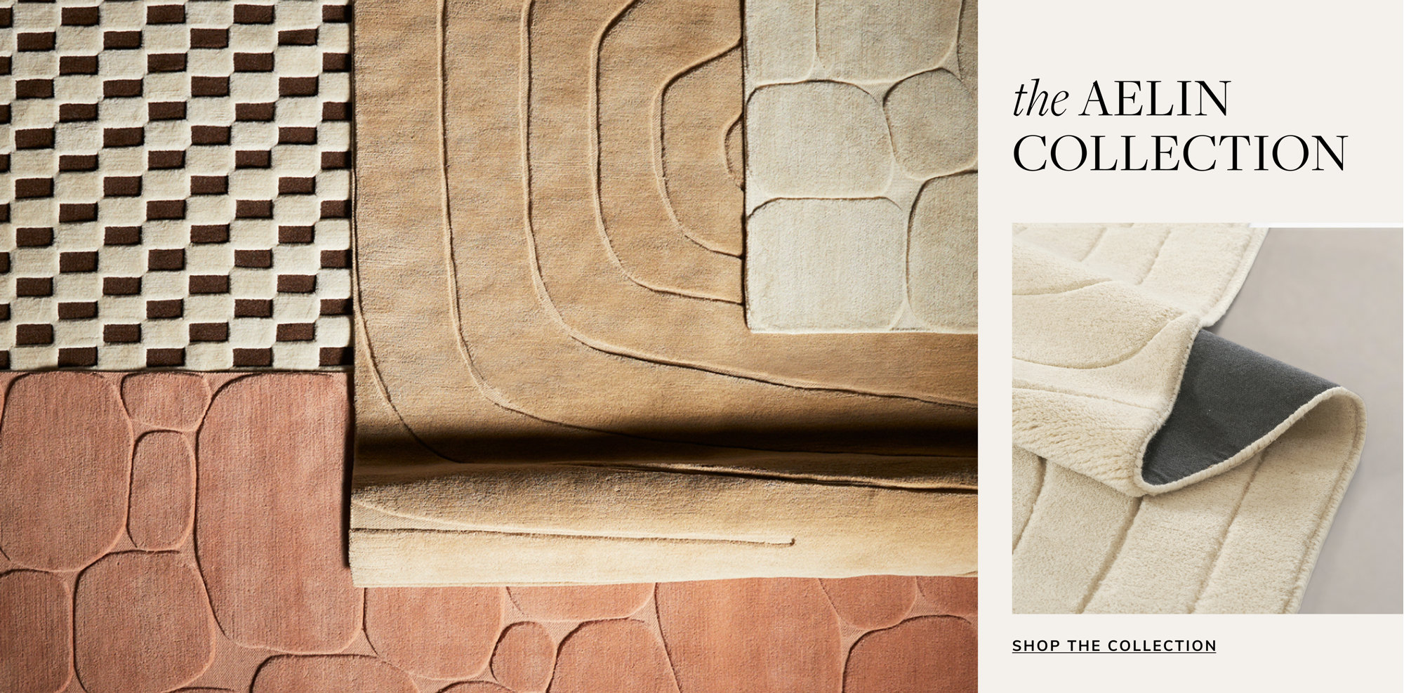 Textured wool rugs from the Aelin Collection featuring dimensional patterns in neutral tones including coral pink, cream, tan, and brown