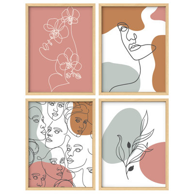 «Modern Line Art visages and Botanicals Illustration Relax Minimalist Abstract Wall Decor», 4 pièces