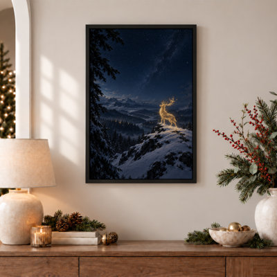 Art mural sur toile Glowing Golden Stag on Snowy Mountain Under Stars