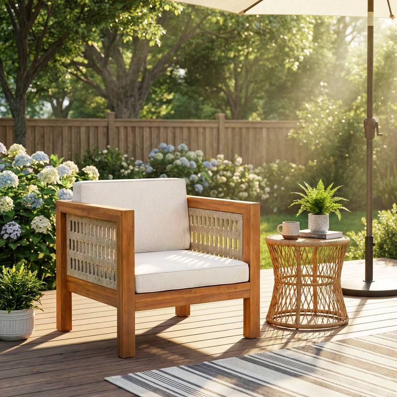 Outdoor Club Patio Chair with Cushions, Mix Brown Rope/Teak Finish