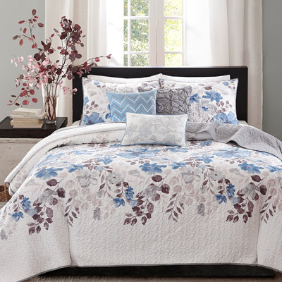 Courtepointe bleu très grand / très grand, 6 pièces, thème de l'aquarelle, microfibre réversible, coussins, impression à la machine, lavage