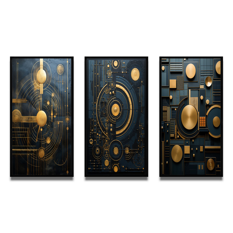 Arcane Visions en or et bleu sarcelle - ensemble d'art géométrique moderne de 3 pièces, Cadre flottant noir