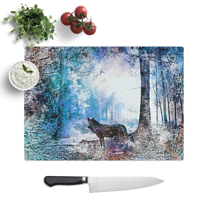 Tempered Glass Wolf in a Magical Forest in Abstract Chopping Board, 28.5 cm W x 20 cm L