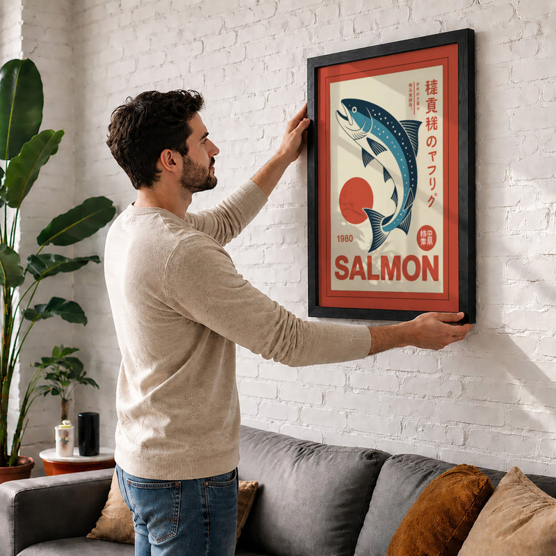 Leaping Salmon Art Deco - Framed Print, A2 - 59.4 x 42.0 cm, Unframed
