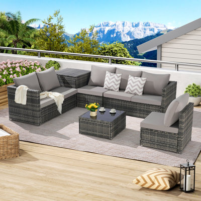 Ensemble de meubles de patio 6 pièces, ensemble modulaire en L tissé pour l'extérieur, ensemble de conversation en osier avec table d'angle et table en verre pour la piscine