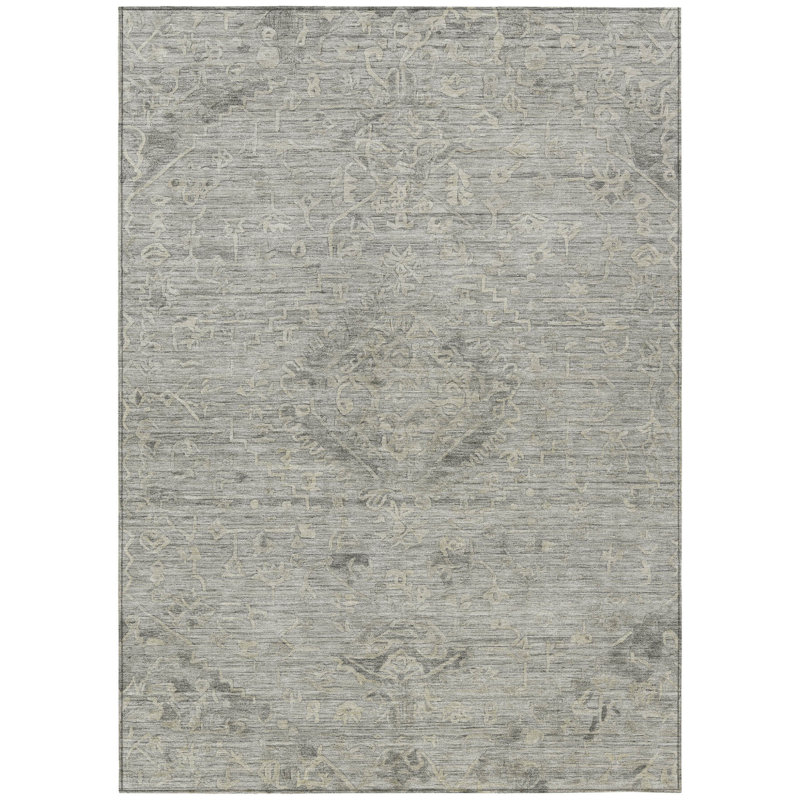 3' X 5' Pewter And Beige Floral Washable Indoor Outdoor Area Rug