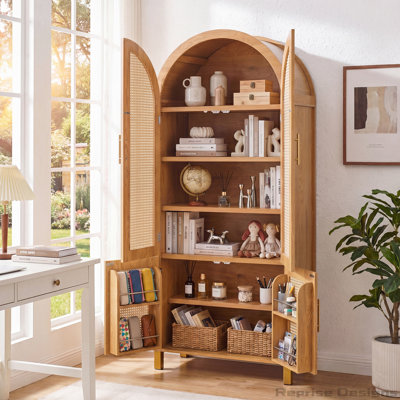 Armoire de rangement arquée de 71 po de hauteur avec portes en rotin et tablettes réglables
