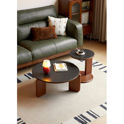 Ensemble de tables basses rondes modernes en bois foncé de 31 po avec plateau en pierre frittée noire