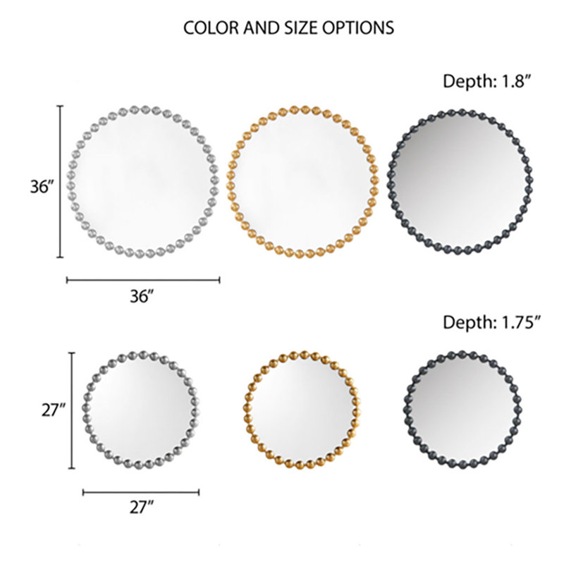Élégant miroir mural rond perlé de P 36 po - Surface en miroir à finition ornée de perles en fer noir mat facile à installer dans un cadre intérieur avec revêtement en verre