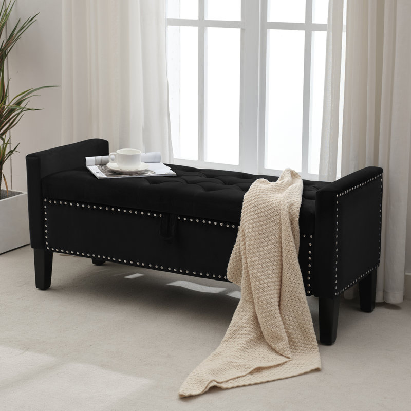 Jeani 46" Wide Velvet Tufted Rectangle Storage Ottoman, Black