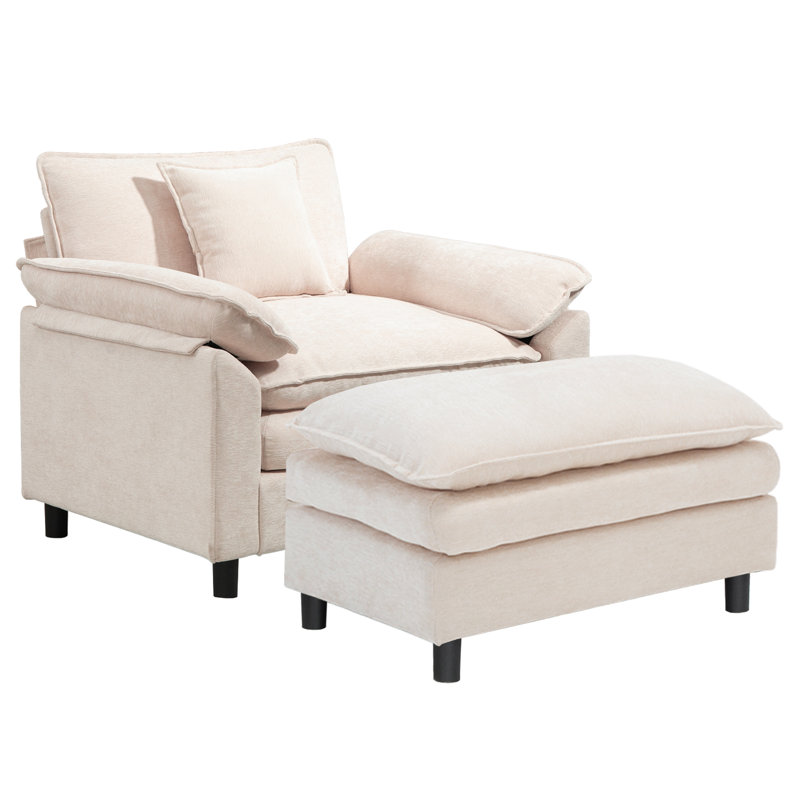 Fauteuil d'appoint surdimensionné en chenille avec repose-pieds, Chenille beige