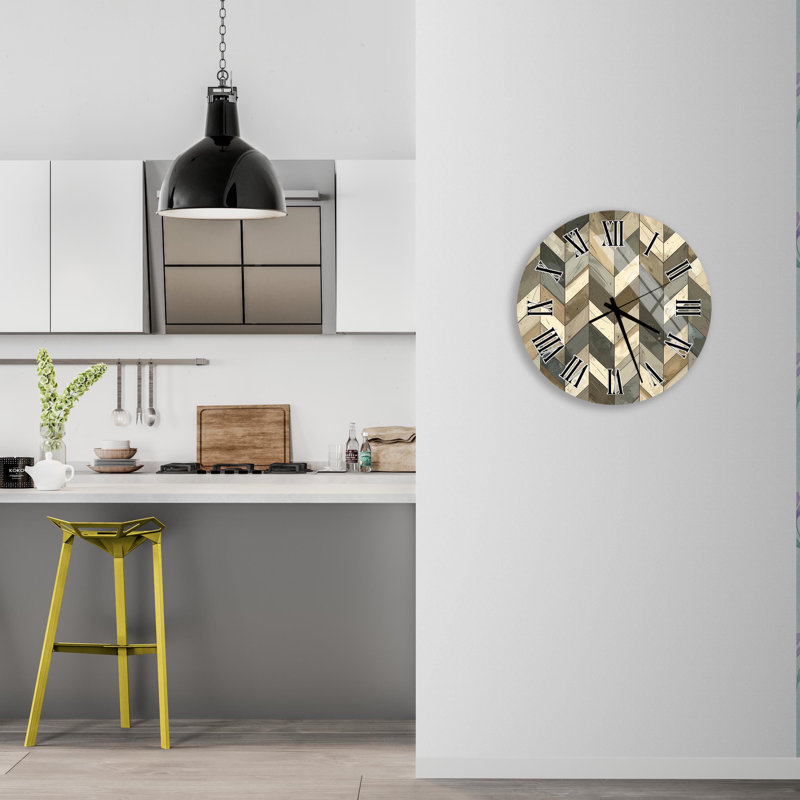 Horloge murale en verre trempé à chevrons, ton beige rustique, décor de maison de campagne, art mural unique, grande horloge, style moderne