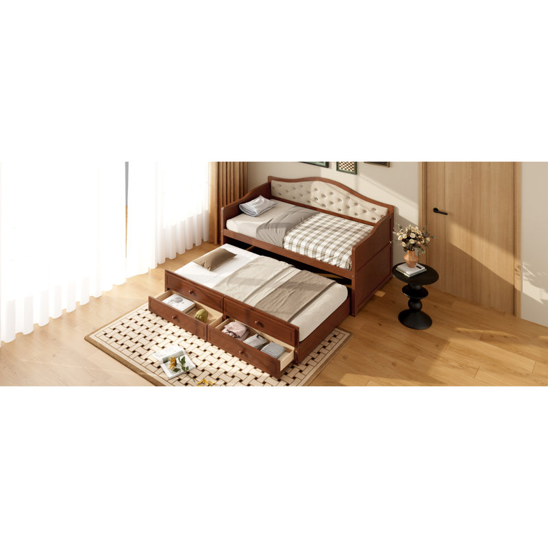 Twin Daybed With Trundle, Twin Size Daybed With 2 Storage Drawers, Wooden Sofa Bed With Upholstered Button Tufted Backrest For Living Room, Bedroom, Guest Room,Walnut