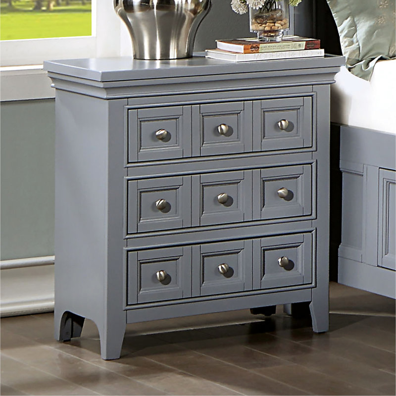 Table de chevet de style transitionnel en bois massif gris avec 3 tiroirs de rangement et 3 tiroirs