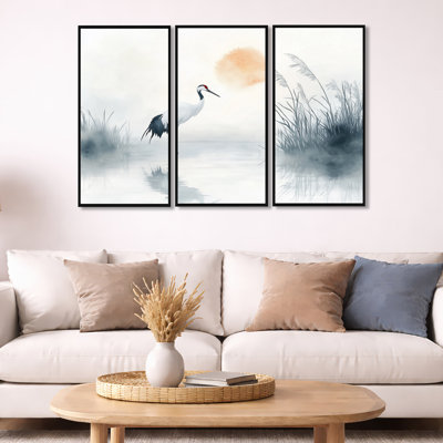 «Crane in Misty Marsh», art mural 3 pièces, art mural Crane