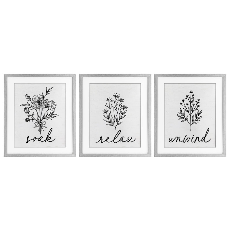 «Bathroom Herbs for Relaxation», ensemble de 3 impressions encadrées sous verre, H 16 po x l 13 po, Cadre de ferme gris