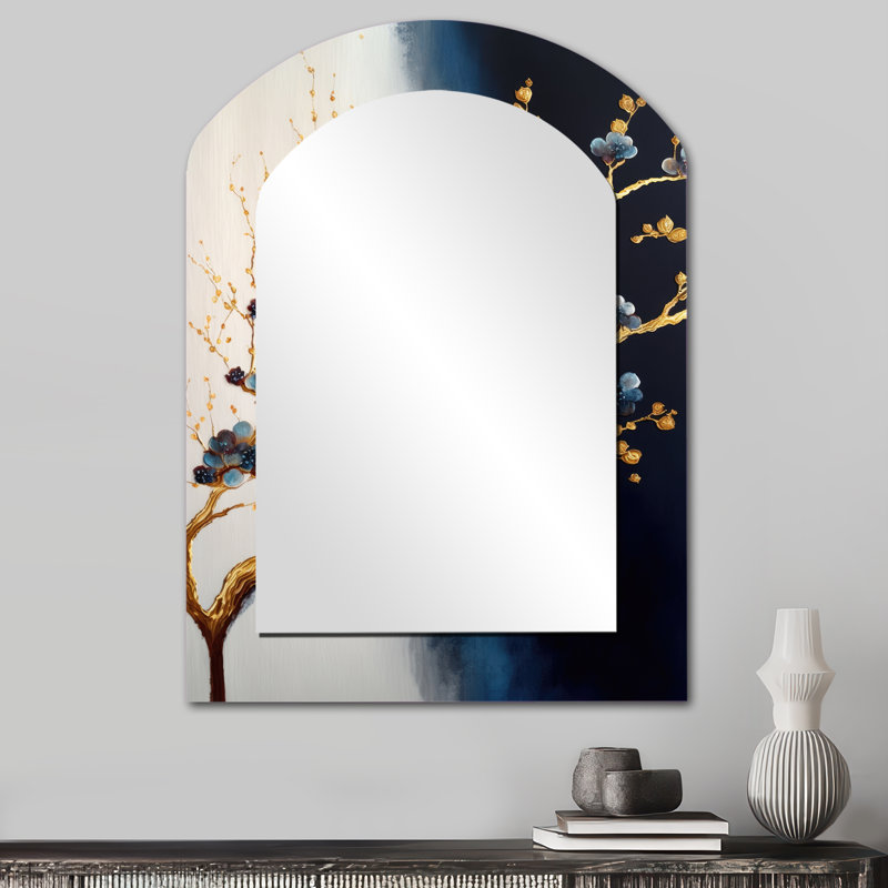 Blue Cherry Blossom Branch VI - miroir asymétrique Bonsai, miroir mural unique Blue Arch, impression sur métal, 34 po x 25 po