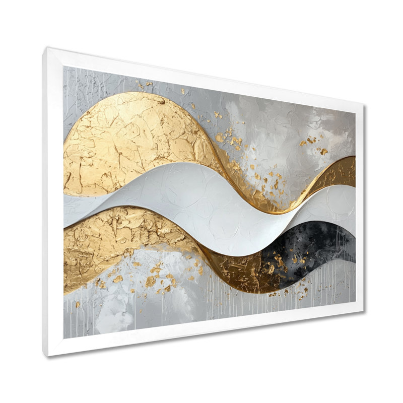 Toile abstraite abstraite «Introspection» en or et blanc I, H 34 po x l 44 po, Avec cadre, Blanc