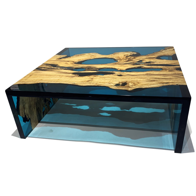 Coffee Table, 13.7'' H x 39.4" L x 39.4" W, Blue/Natural Wood