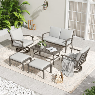 6-Piece Aluminum Patio Conversation Set With Coffee Table, Ottomans And Light Gray Cushions