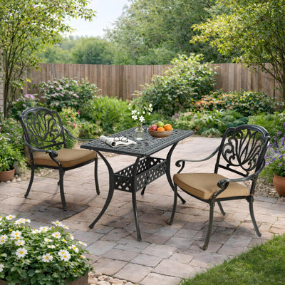 Vivijason 3 Piece Cast Aluminum Patio Bistro Set, Outdoor Dining Set With 41.98" X 23.98" Rectangular Table And 2 Cushioned Chairs, Rust Proof & Weather Resistant For Small Balcony, Porch, Garden, Deck