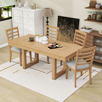 Rustic 5Pcs Extendable Dining Room Set with Table, 18" Removable Leaf and 4 Linen Upholstered Chairs