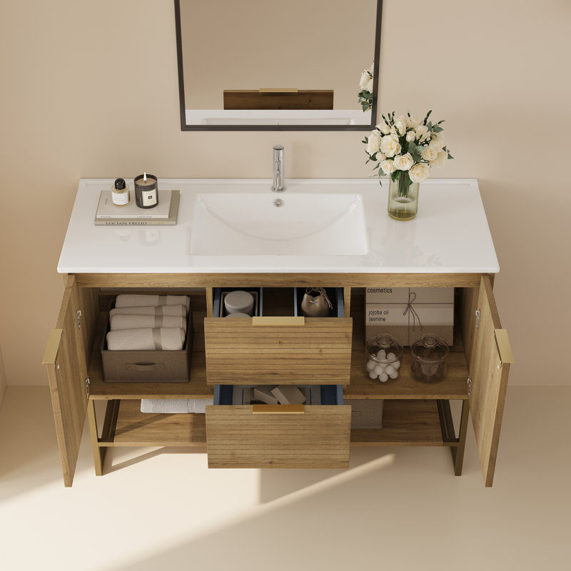 Meuble-lavabo autoportant de 47,2 po, meuble-lavabo en bois multi-couches avec finition grain de bois naturel, lavabo en céramique intégré avec quincaillerie brossée et tablette de rangement ouverte