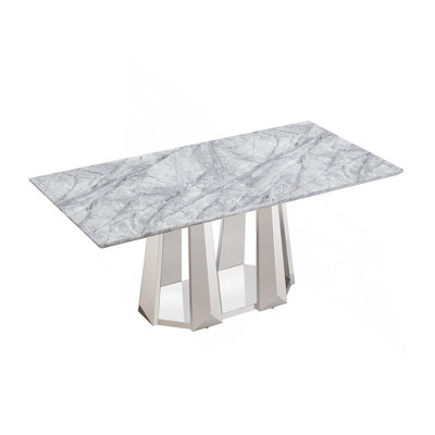 Marble Dining Table For 6 People, 70'' Rectangle Faux Marble Dining Table With Mirrored Finish Stainless Steel Base, Modern Large Size Marble Kitchen Table (Only Table)