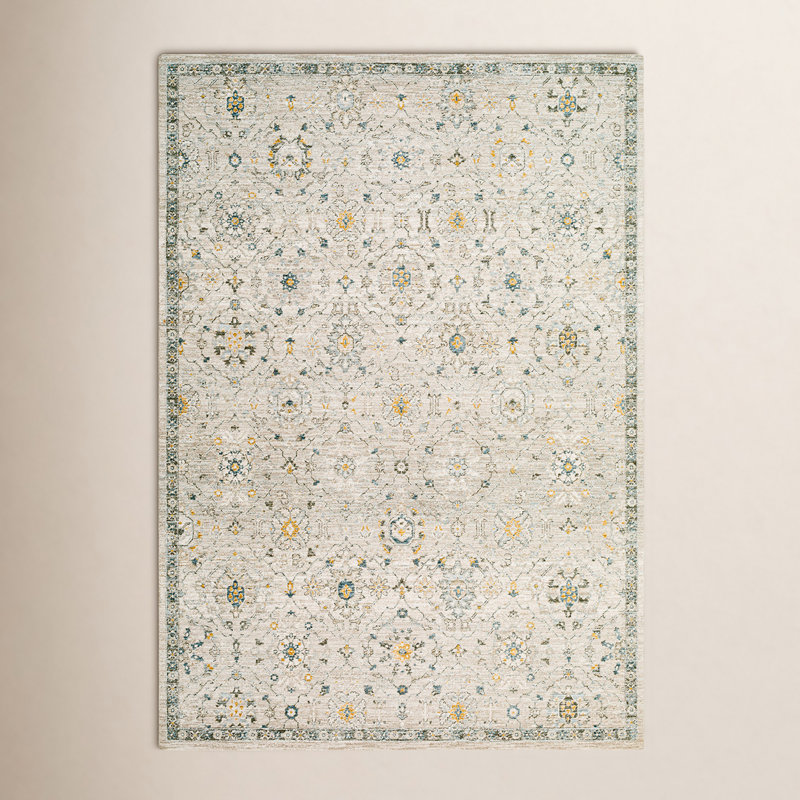 Tapis oriental en polyester tissé à la machine Elsadora en beige / jaune / bleu, Rectangle 9 pi x 12 pi 2 po