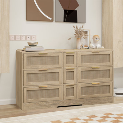 Commode à 9 tiroirs Boho, armoire buffet en rotin de 51 po de largeur avec tiroirs, commode pour commode