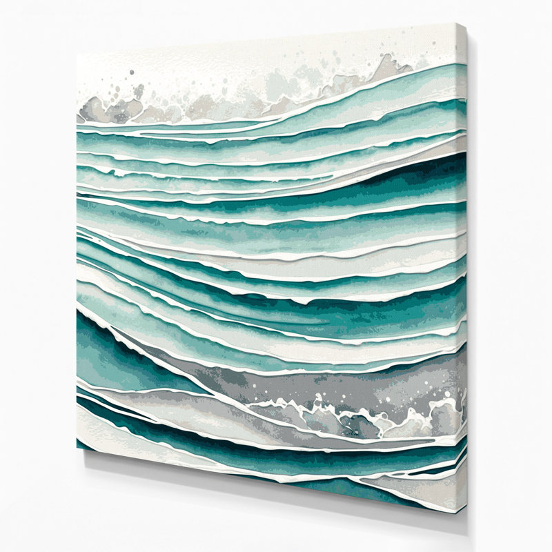 Toile horizontale rayée turquoise, gris clair et vert, H 32 po x l 32 po