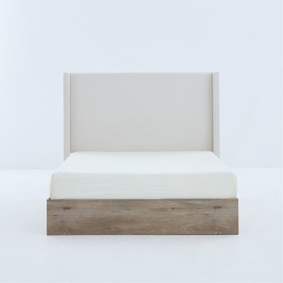Lit à oreilles tapissier Shelton / tête de lit haute de 54 po / base en bois / rustique / maison de campagne moderne / neutre / scandinave, grand lit, chenille texturée ivoire