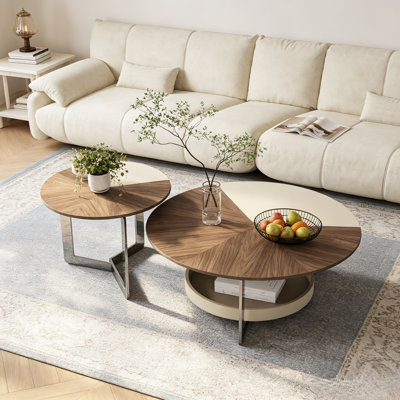 Ensemble de tables basses rondes 2 pièces avec tablette ouverte et bases en métal