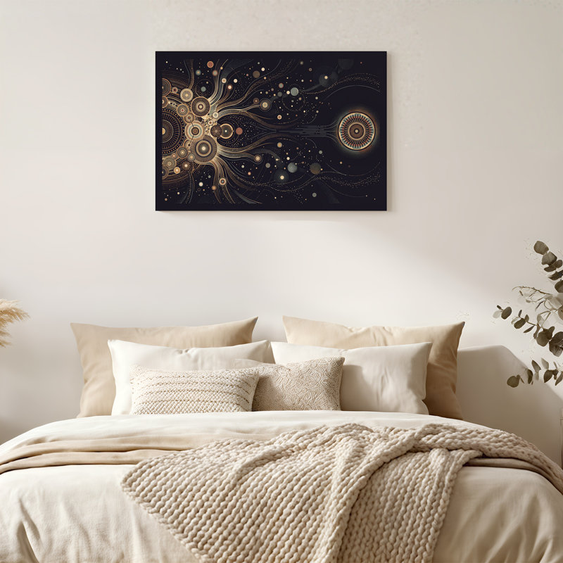 Toile abstraite, cercles abstraits dorés et bronze, H 24 po x l 36 po