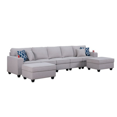 Linen Upholstered 5-Seater Sofa With 2 Ottomans In Dark Gray
