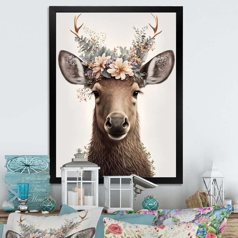 Mignon bébé orignal avec couronne florale - animaux, art mural sur toile, Cadre photo noir, L 12 po x H 20 po